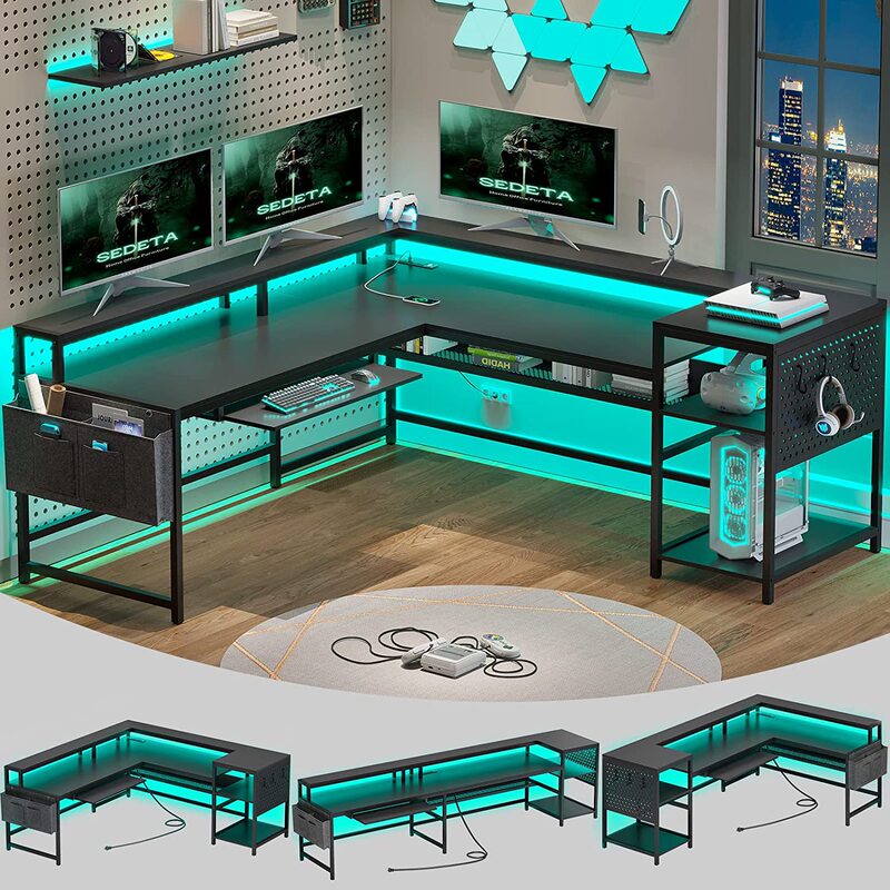 L-shaped game table double-sided computer table with power socket and LED light strip game table display