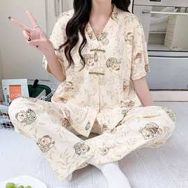 直播新款国风开衫睡衣女夏季短袖长裤薄款休闲网红家居服套装外贸