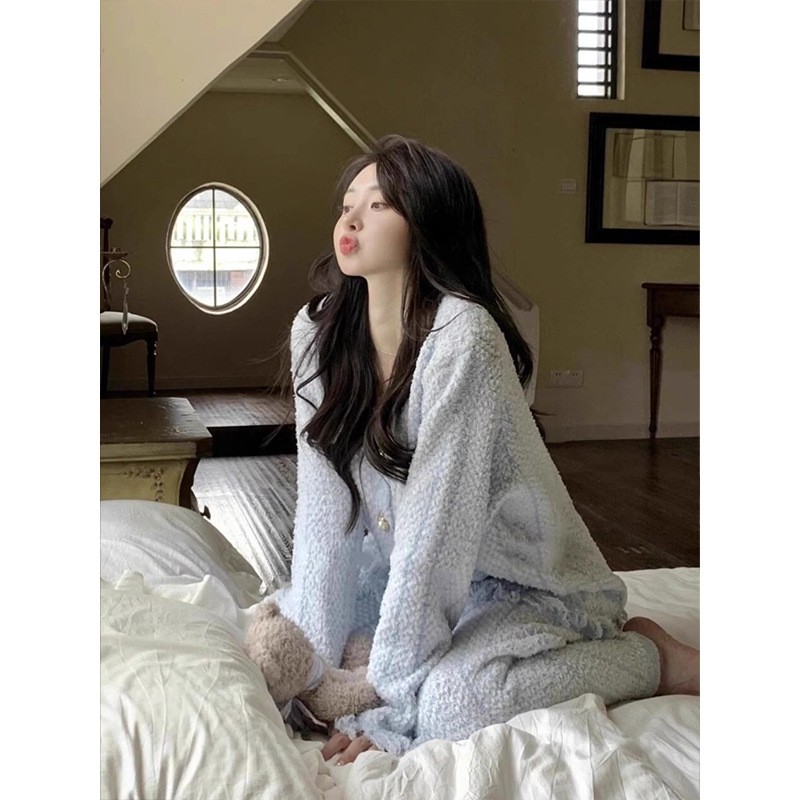 【现货】韩版小香风半边绒针织睡衣女冬季加绒加厚毛绒家居服套装|undefined