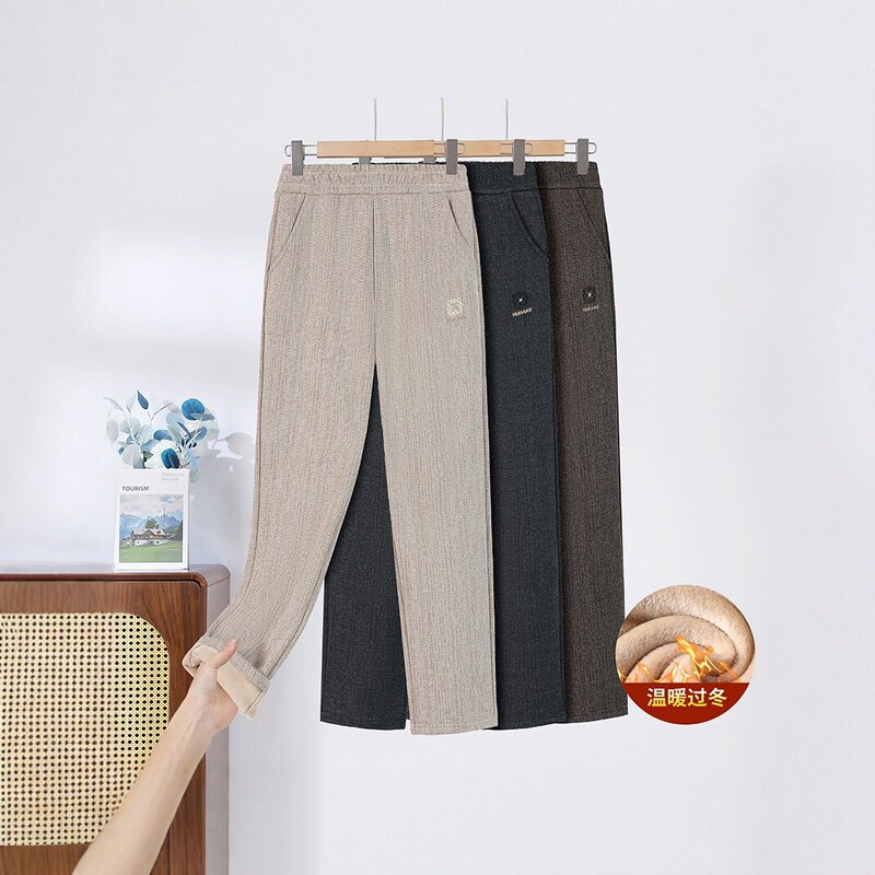 2026 new style fleece-lined casual pants for middle-aged and elderly women, high-waisted, elastic waistband, straight-leg, long pants, warm pants for mothers, autumn and winter