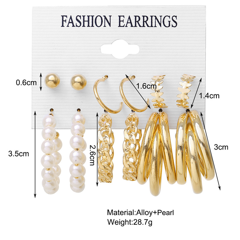 New Creative Retro Pearl Earrings Circle Chain Earrings 6 Sets display picture 2