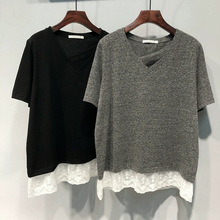 韩系简约2025夏季新款V领上衣打底衫下摆蕾丝拼接假两件短袖T恤女