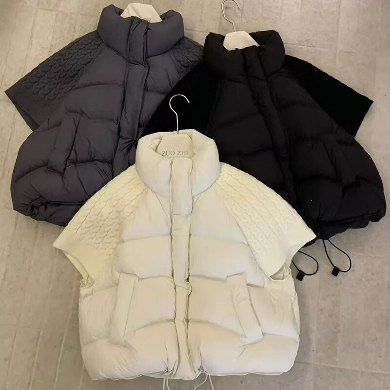 2026 Autumn/Winter New Korean Style Stand Collar Down Vest, Youthful Knit Short Sleeve Spliced Fashionable Women's Vest Jacket