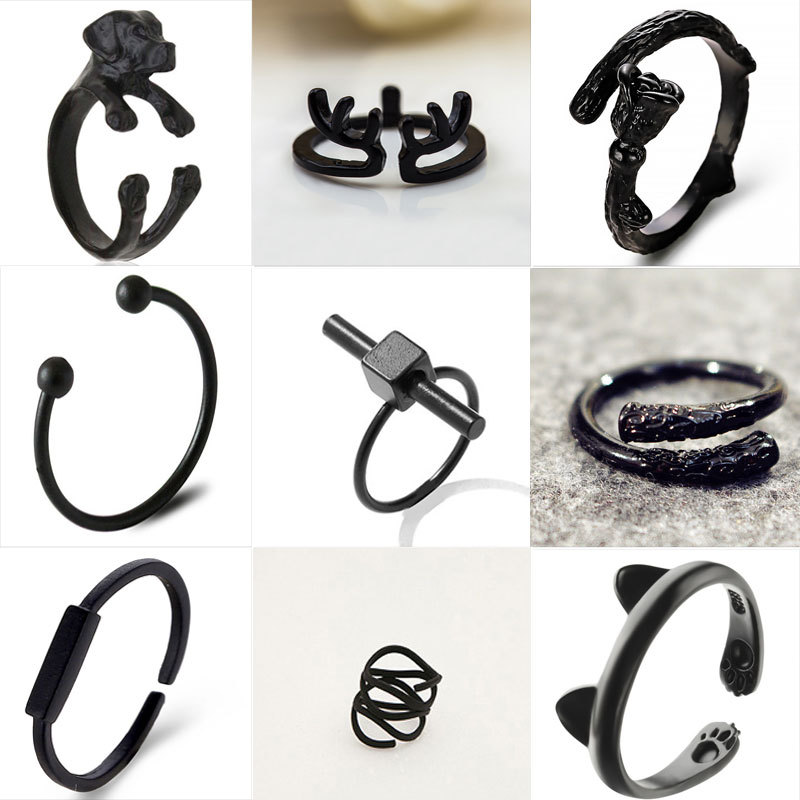 韩国复古几何猫爪戒指 合金黑色缠绕动物指环时尚创意开口手饰女
