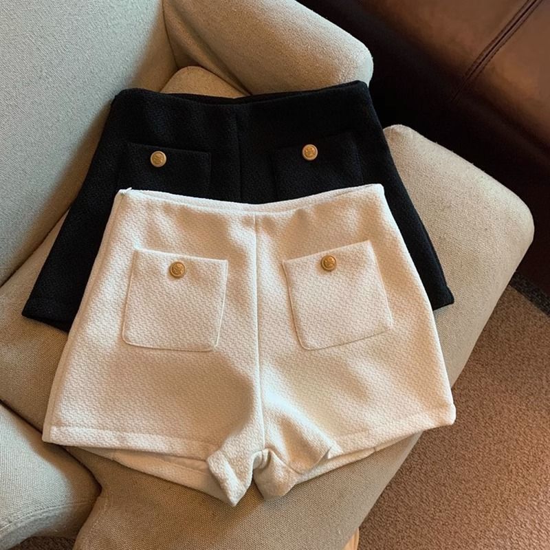 Chanel-Style White Tweed Shorts for Women, Autumn and Winter High-Waisted A-Line Shorts, Outerwear Wide-Leg Pants, Leggings, Boot Shorts