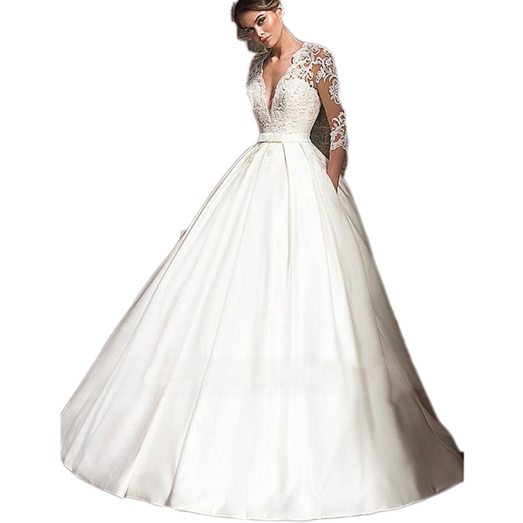 Vestido de novia de comercio exterior 2024 Nuevo estilo longitud del piso de encaje nupcial adelgazamiento manga larga forjado sexy cuello en V simple fotografía de viaje longitud del piso