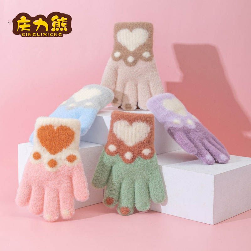 庆力熊儿童手套冬季可爱中童男童女童五指户外宝宝毛线保暖加厚