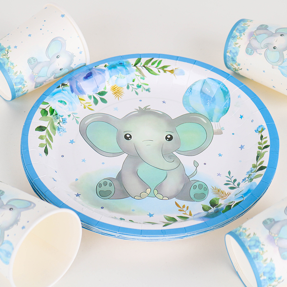 Elefante azul nuevo tema azul juego de cubiertos de fiesta para bebés decoración bandeja de papel desechable tazas de papel