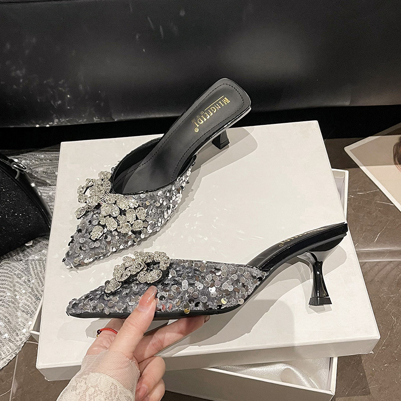 2025 nuevo estilo bowknot rhinestone francés tacón de aguja puntiagudo medias pantuflas para mujer de verano sandalias y pantuflas puntiagudas de tacón alto image 7