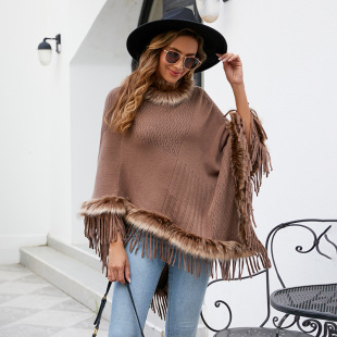 Mao Mao Yu foreign trade knitted tassel cape for women 2023 autumn and winter new solid color pullover loose European and American shawl coat