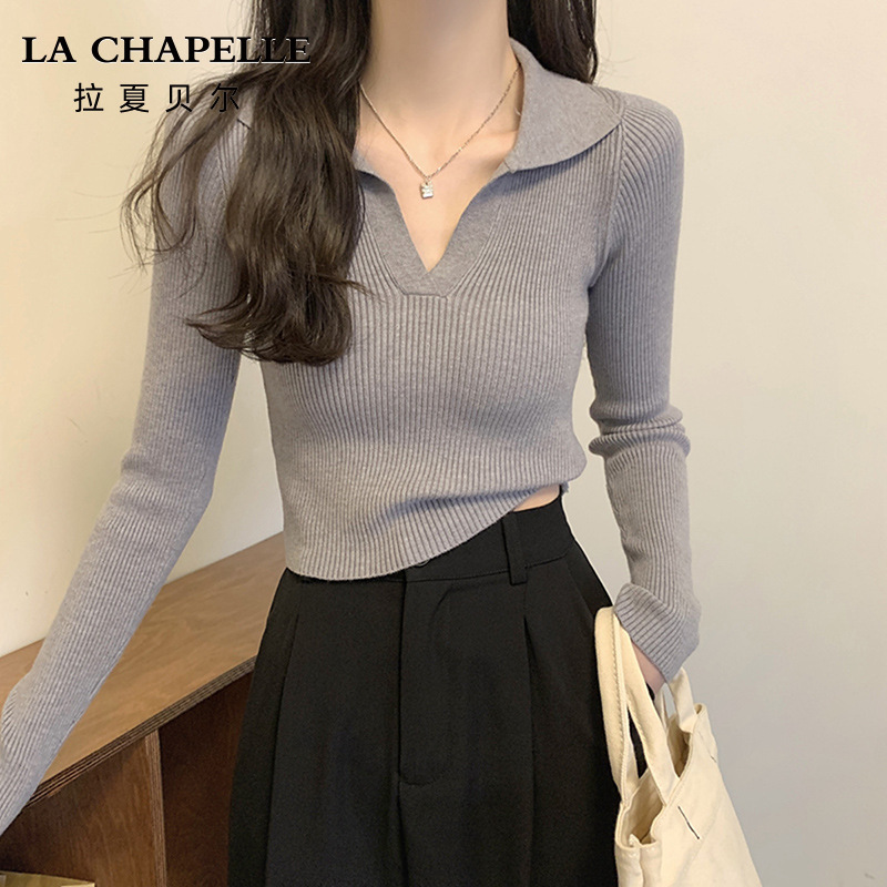 睛雅服饰灰色POLO领针织打底衫女夏季2025年新款纯欲修身短款上衣|undefined