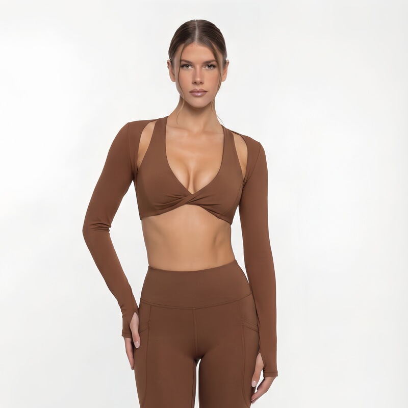 Cross Long-Sleeved Sexy Sports Top with Chest Pad and Pocket Leggings Yoga Wear Fitness Suit for Women