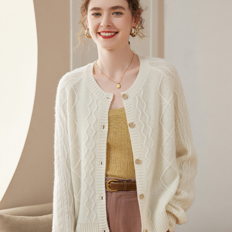 Heavy Cashmere Cardigan Women's Round Neck Retro Style Twisted Thickeneded Top Loose Lazy Style Sweater Knitted Jacket
