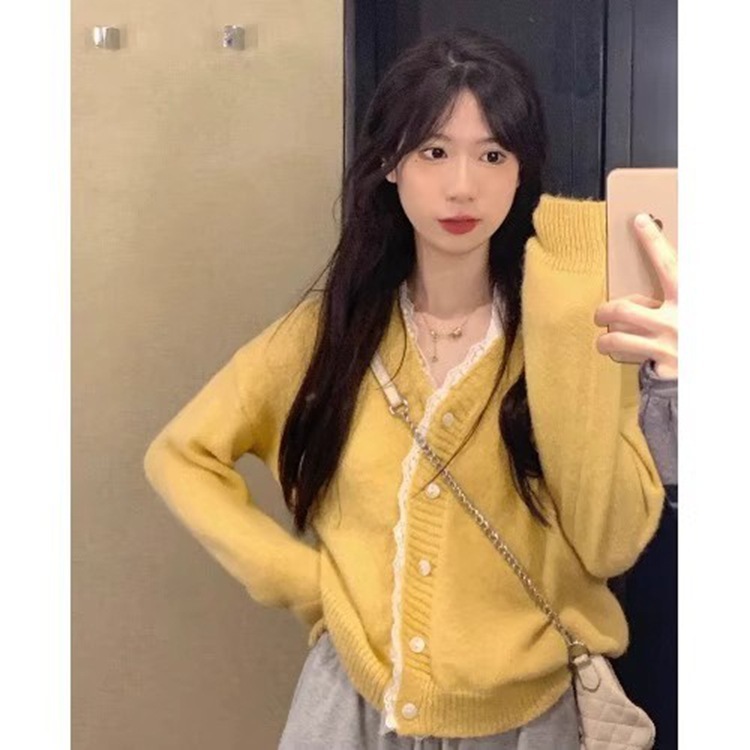 秋季短款毛衣女设计感蕾丝开衫外套宽松慵懒温柔风针织上衣女长袖|undefined