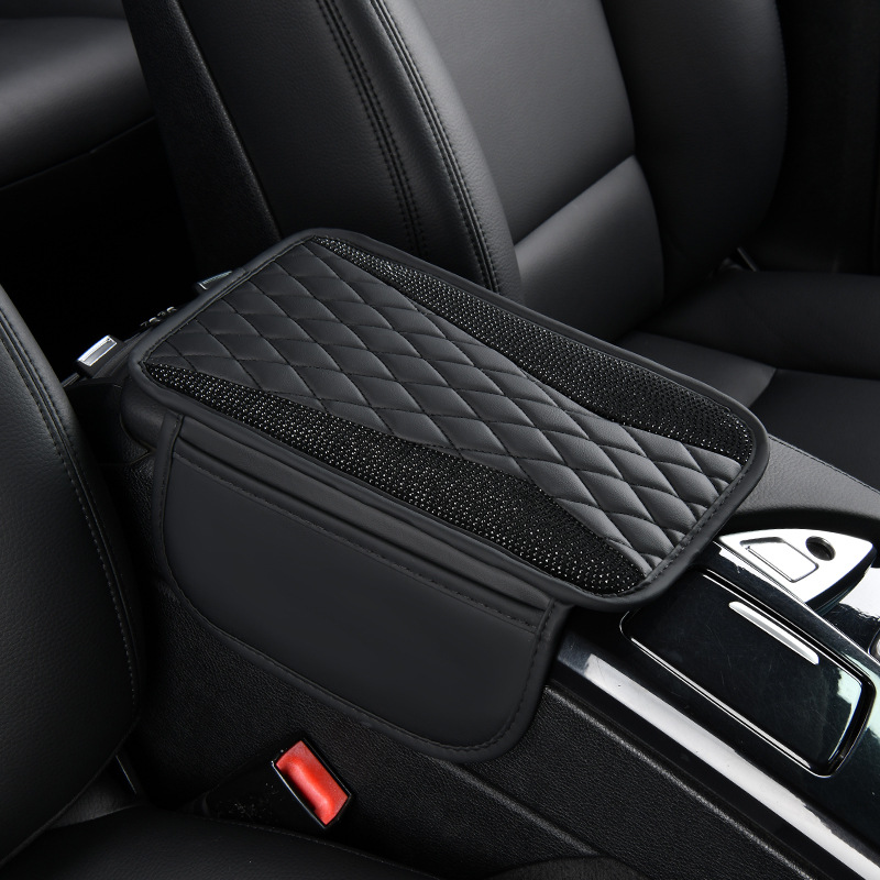 Manufacturer Shiny Diamond Car Armrest Box Pad Crystal Rhinestone with Side Pocket Interior Central Leather Elbow Protector Cover