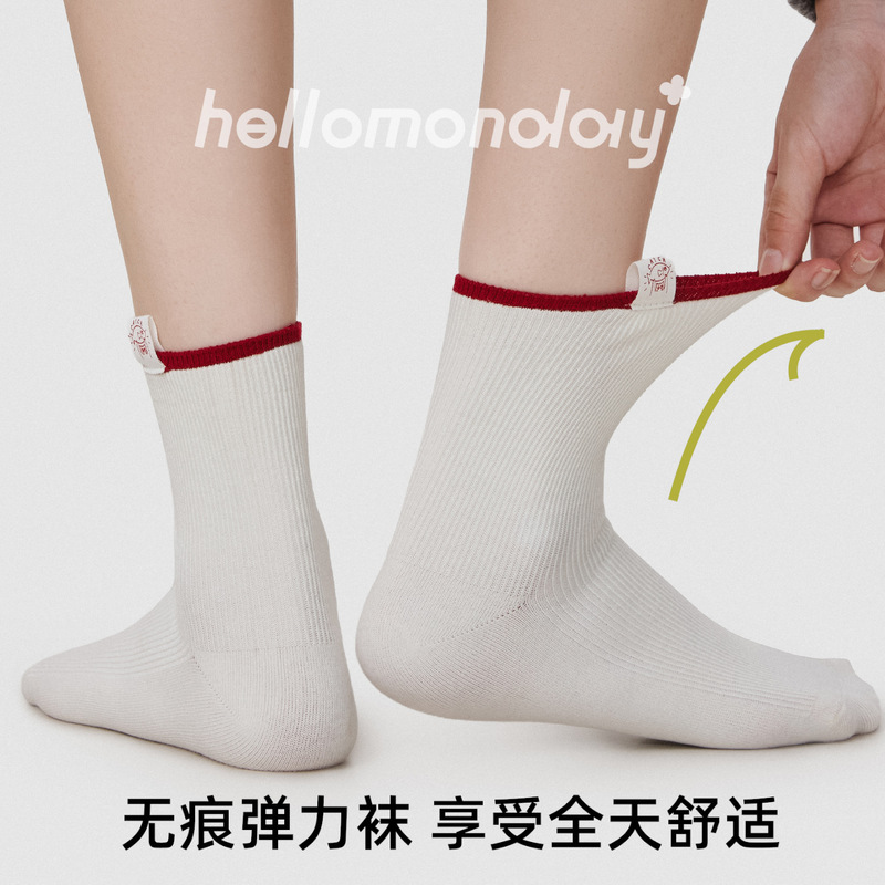 85911 诸暨袜子女秋冬季布标撞色中筒袜双针粗线堆堆棉袜运动白色|undefined