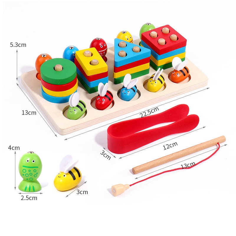 Forma geométrica cuatro juegos de caña de pescar 2 en 1 rompecabezas de madera juguetes para niños de 0-3 años de edad, regalo de jardín de infantes