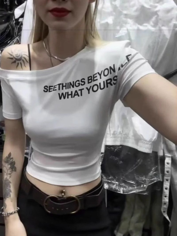 [綿92、スパンデックス8]夏新作スリムレタープリント半袖Tシャツデザインスリムフィットトップス女性用|undefined