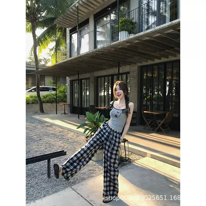 美式复古格子裤女高腰女春夏季新款2025显瘦设计感抽绳直筒阔腿裤