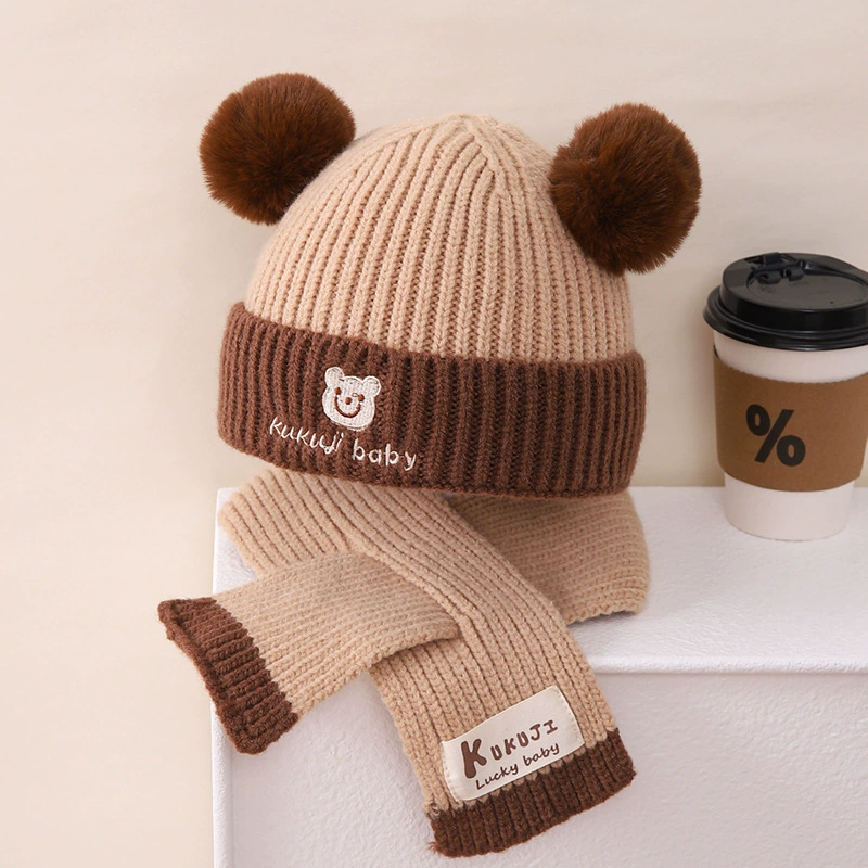 Children's Knit Hat & Scarf Set - Thick Demi-Season Warmth, Bear Patch, Cozy Knit, Color Options