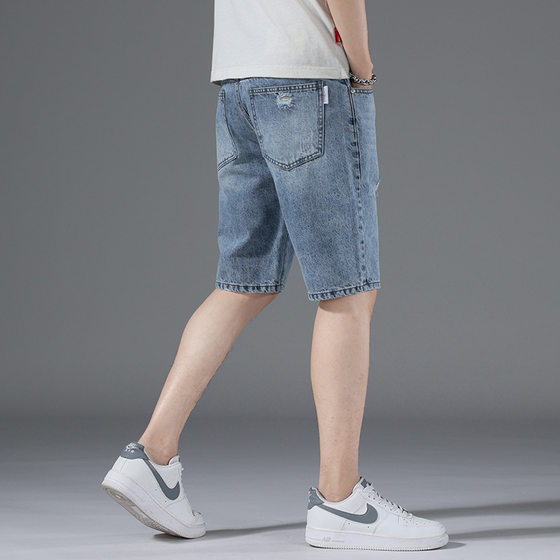 2024 Hole Denim Shorts Men's Summer Trendy New High Quality Men's Pants Korean Style Straight Pants Men's Pants