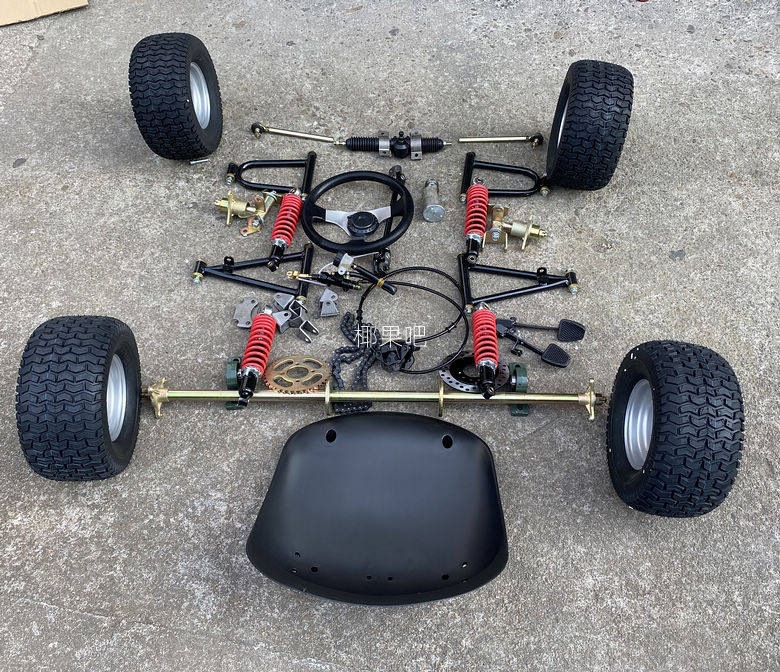 Modified Go-Kart Parts, Homemade Four-Wheel Vehicle with Front and Rear Suspension, Steering Wheel, 1m Rear Axle, 6/7/ 8inch Tires