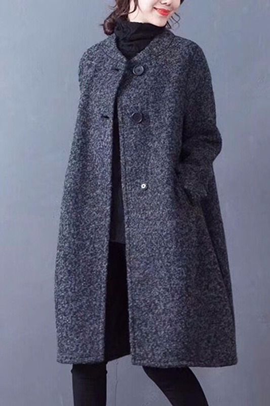 Plus Size Woolen Outwear Women's Round Neck Loose Mid-Length Autumn and Winter Women's Cotton Thickeneded Artistic Cocoon-Shaped Woolen Outwear