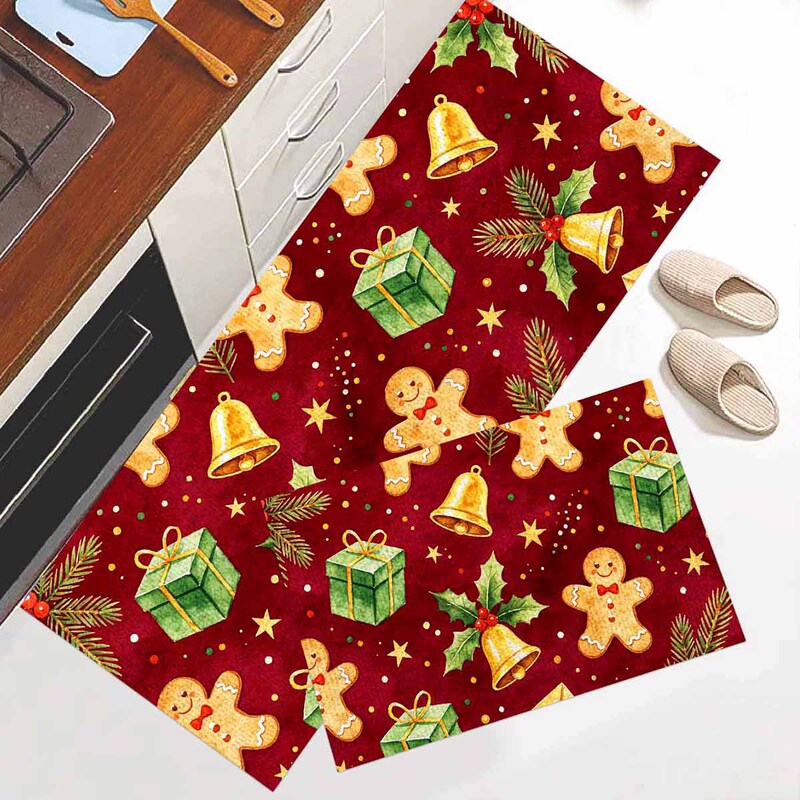 Cross-Border Christmas Kitchen Floor Mat, Non-Slip Absorbent Mat for Entryway, Gingerbread Man Holiday Decoration Carpet, Bedroom Foyer Mat