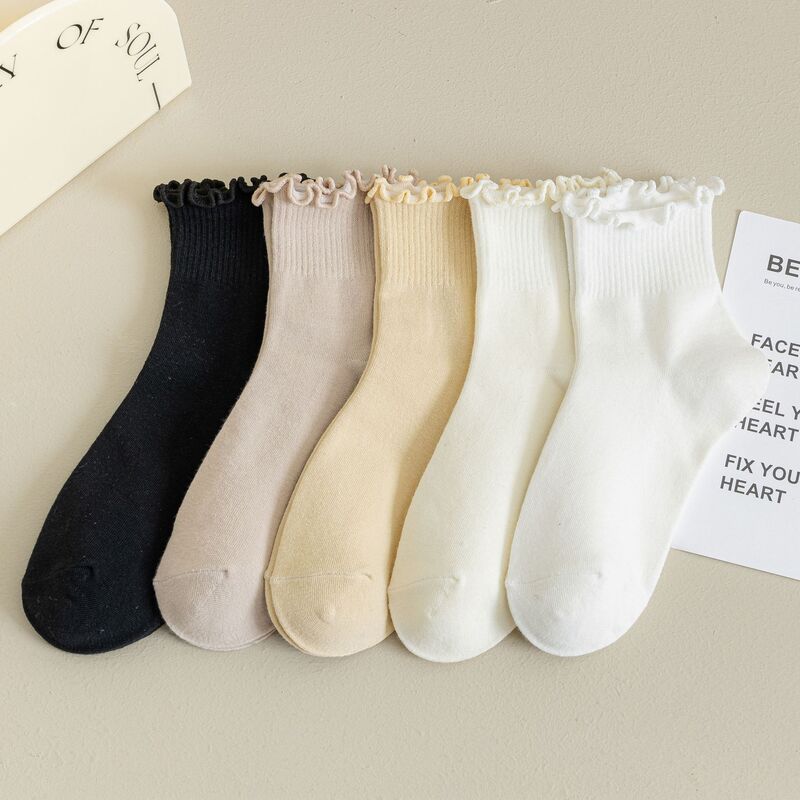 Women's socks Japanese lace mid-length socks versatile solid color wood ear women's socks spring new Zhuji socks women Women's socks Japanese lace mid-length socks versatile solid color wood ear women's socks spring new Zhuji socks women