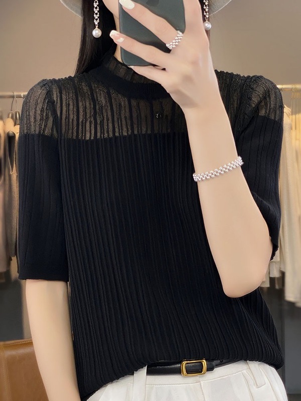 网纱拼接打底上衣女新款蕾丝花边短袖女针织T恤无袖款适中针织衫|undefined