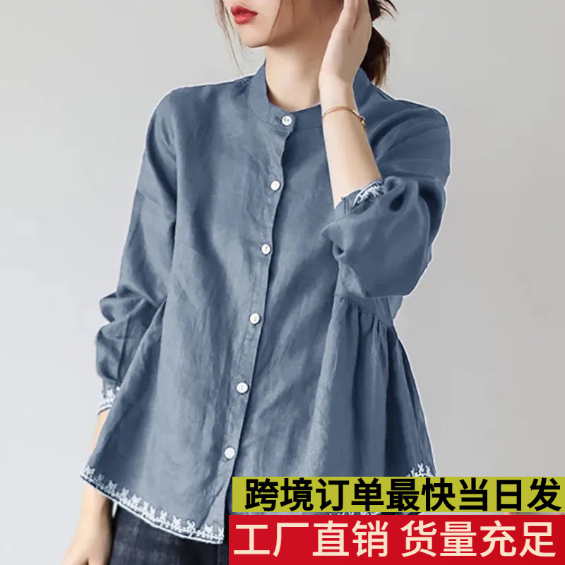 2026 Spring and Summer New Style Stand Collar Shirt Large Size Cotton and Linen Long-Sleeved Loose Top for Women