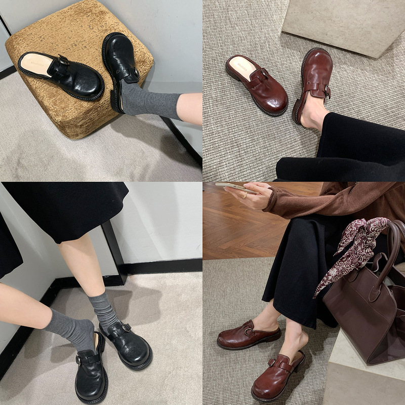 手工牛皮小皮鞋女2025新款一脚蹬轻便乐福鞋女复古平底单鞋勃肯鞋|undefined