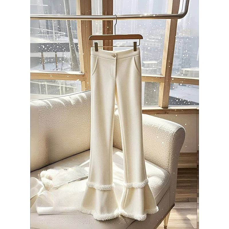 Cross-Border Lazy and Relaxed White Knitted Boot-Cut Pants for Women 2024 Winter This Year Small Casual Flared Pants