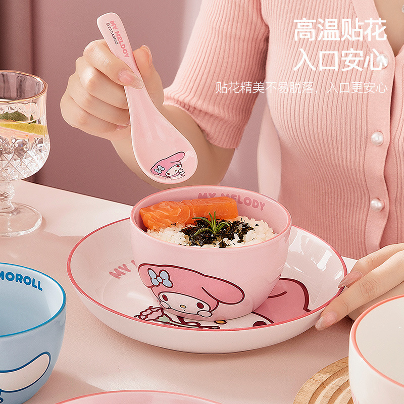 Round Sanrio Ceramic Rice Bowl Hello Kitty Household Noodle Soup Bowl Cute Children's Single Nice Bowl