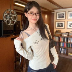 秋季新款纯欲风辣妹短款纯棉长袖t恤女修身显瘦百搭设计感上衣女