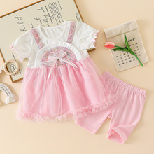 工厂批发现货女童背带网纱蝴蝶结裙子搭配短裤两件套夏季短袖裙套