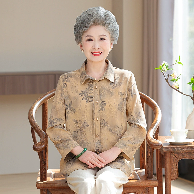 Рубашка с длинными рукавами с лацканами для мамы, весенне-летние топы для женщин среднего возраста, тонкая верхняя одежда, большие размеры, рубашки-кардиганы для женщин среднего и пожилого возраста.