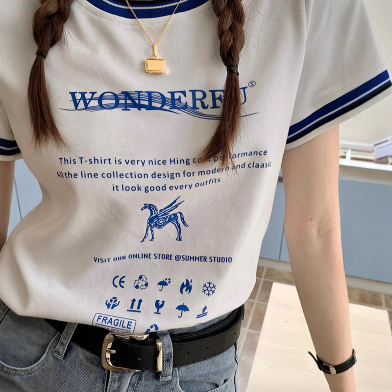 Korean Style Tops with Jeans, Unique Design, Niche Contrasting Color Short-Sleeved Right Shoulder T-Shirt for Women Summer