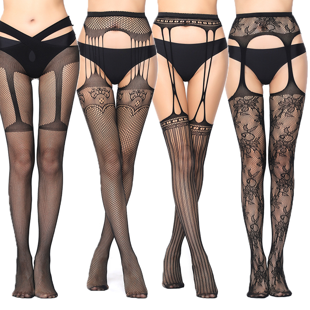 Cross-Border Sexy Suspender Fishnet Stockings High Elastic Sexy Suspender Stockings Pantyhose Women's Open Crotch Fine Mesh 7520 Temptation