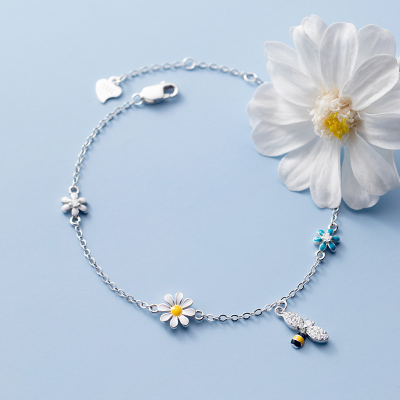 Nalan S925 silver Mori fresh sweet flower bracelet colorful diamond-embedded bee cute bracelet S4230
