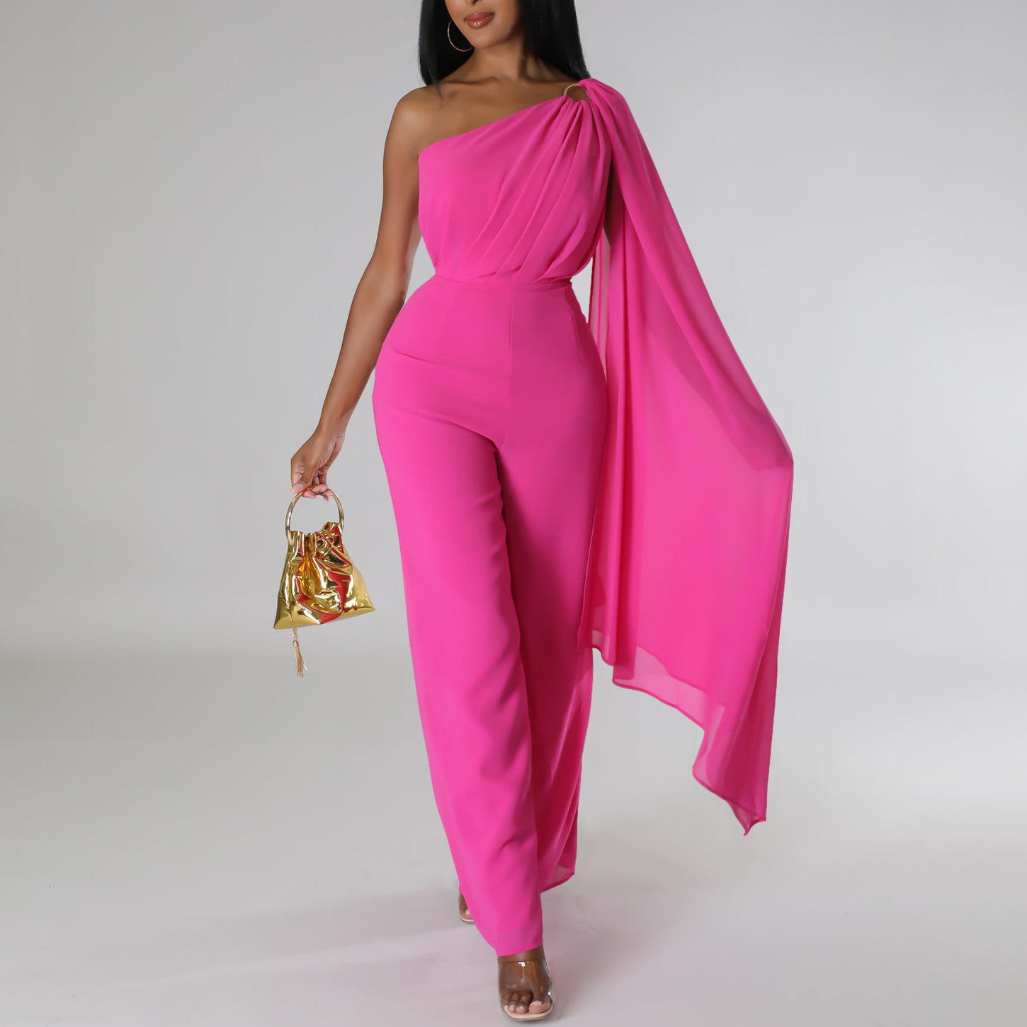 C8560 transfronteriza ropa de mujer estación independiente Comercio exterior color sólido OL sexy Banquete de un solo hombro vestido de moda mono africano