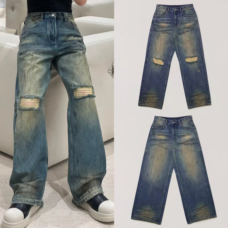 Sk Cross Statue Wilderness Wide Straight Jeans Ripped and Distressed Casual Pants