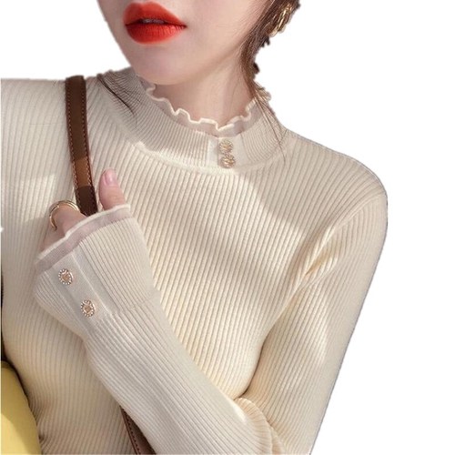 Half turtleneck bottoming shirt for women autumn and winter  new slim fit inner knitted top versatile lace sweater