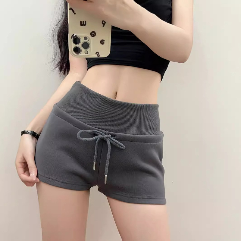 American Style Retro Drawstring Sports Shorts Women's Summer High Waist Slimming Big Long Leg Grey Casual Straight Wide Leg Trendy Hot Pants