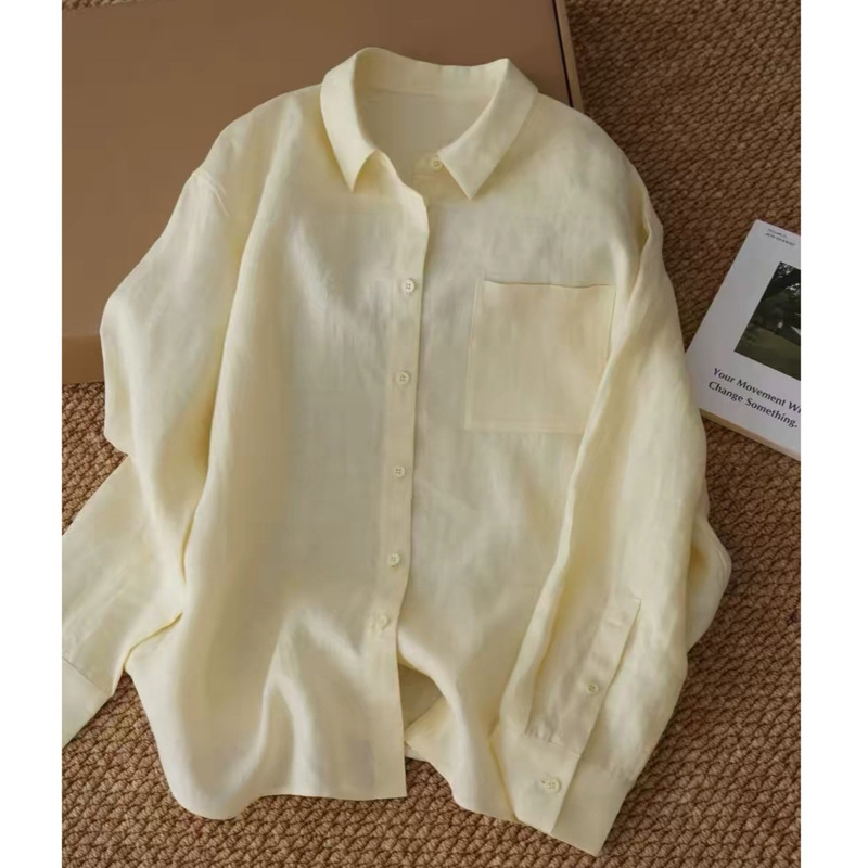 Bestie Imported Linen Shirt in Creamy Yellow for Women, Light Luxury, Relaxed Style, Slimming, Versatile Long-Sleeve Top
