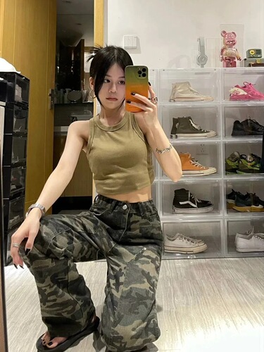 Green Military Camouflage Women's Summer Instagram Streetwear Loose Korean Version Slimming Tie-Dye Straight Leg Wide Pants