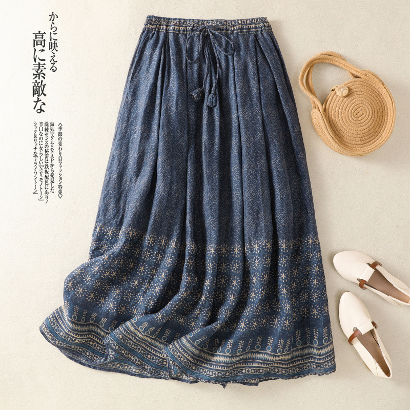 Spring and Summer 2025 Vintage Ethnic Style Artistic Simple Cotton and Linen Vintage Printed High Waist Skirt Women's Long Skirt