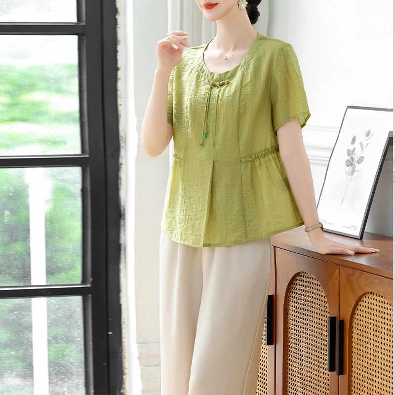 Летний топ с короткими рукавами большого размера для мам среднего возраста, новый стиль, женская рубашка из тенселя для женщин среднего и пожилого возраста, уменьшающая возраст, свободная рубашка, закрывающая живот