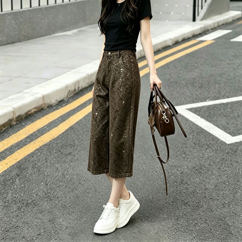 American Retro Jacquard Rhinestone-Studded Shiny Cropped Jeans for Women, New Summer Design, High-Waisted Rhinestone Wide-Leg Pants
