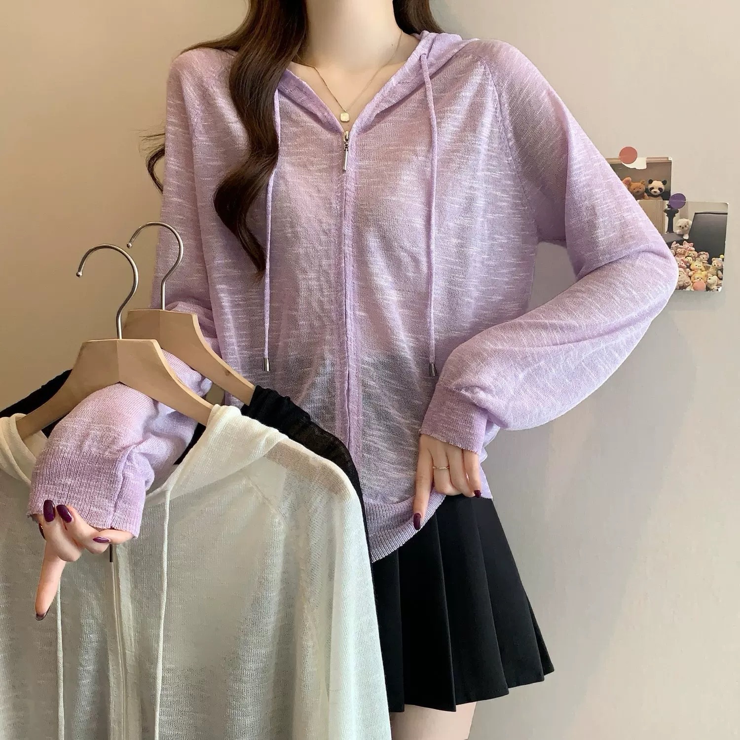 韩系连帽长袖防晒拉链针织开衫夏季竹节麻百搭微透宽松罩衫上衣女
